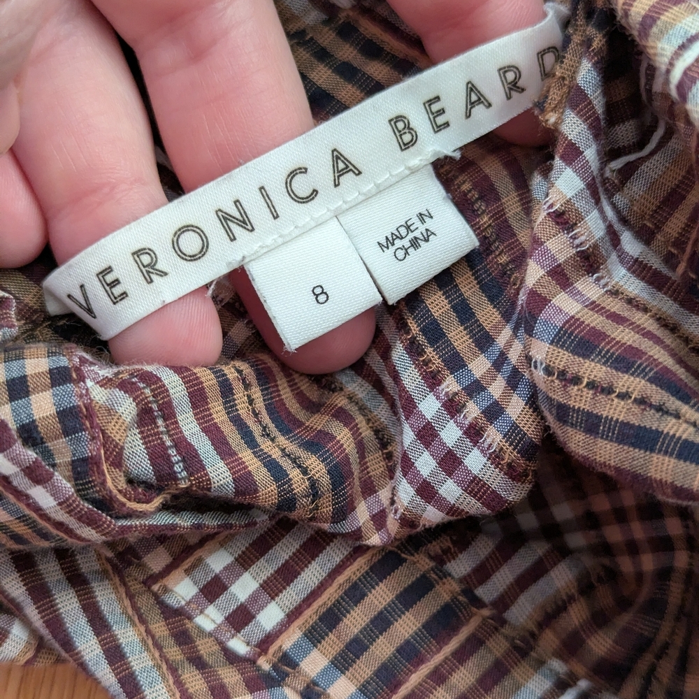 Veronica Beard Isabel Plaid Brown Puff Sleeve Button Back Blouse Size 8 - Picture 2 of 11